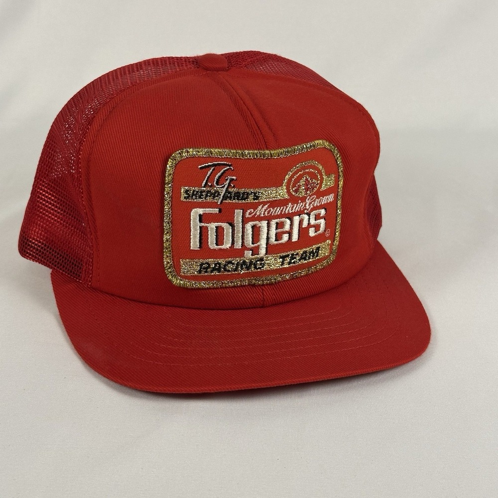 Vintage Folgers Racing Team Trucker Hat Swingster Snapback Red Gold Patch USA